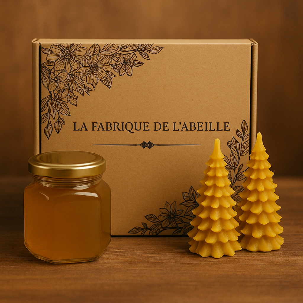 Coffret cadeau La Fabrique de l’Abeille avec bougies sapin en cire d’abeille et pot de miel, présentation artisanale et naturelle