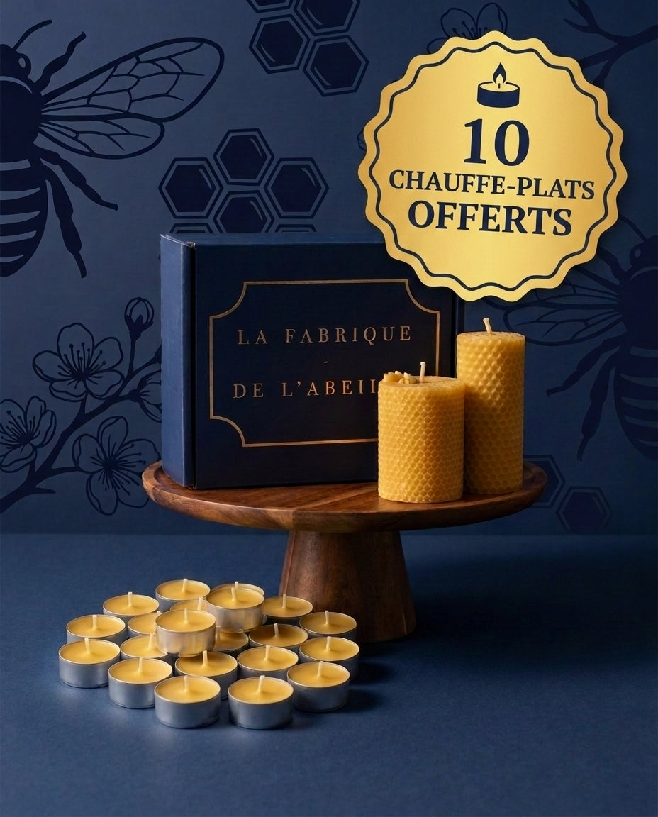 Coffret Découverte La Fabrique de l'Abeille - bougie roulée 10h, bougie moulée 20h et 20 chauffe-plats en cire d'abeille dont 10 offerts