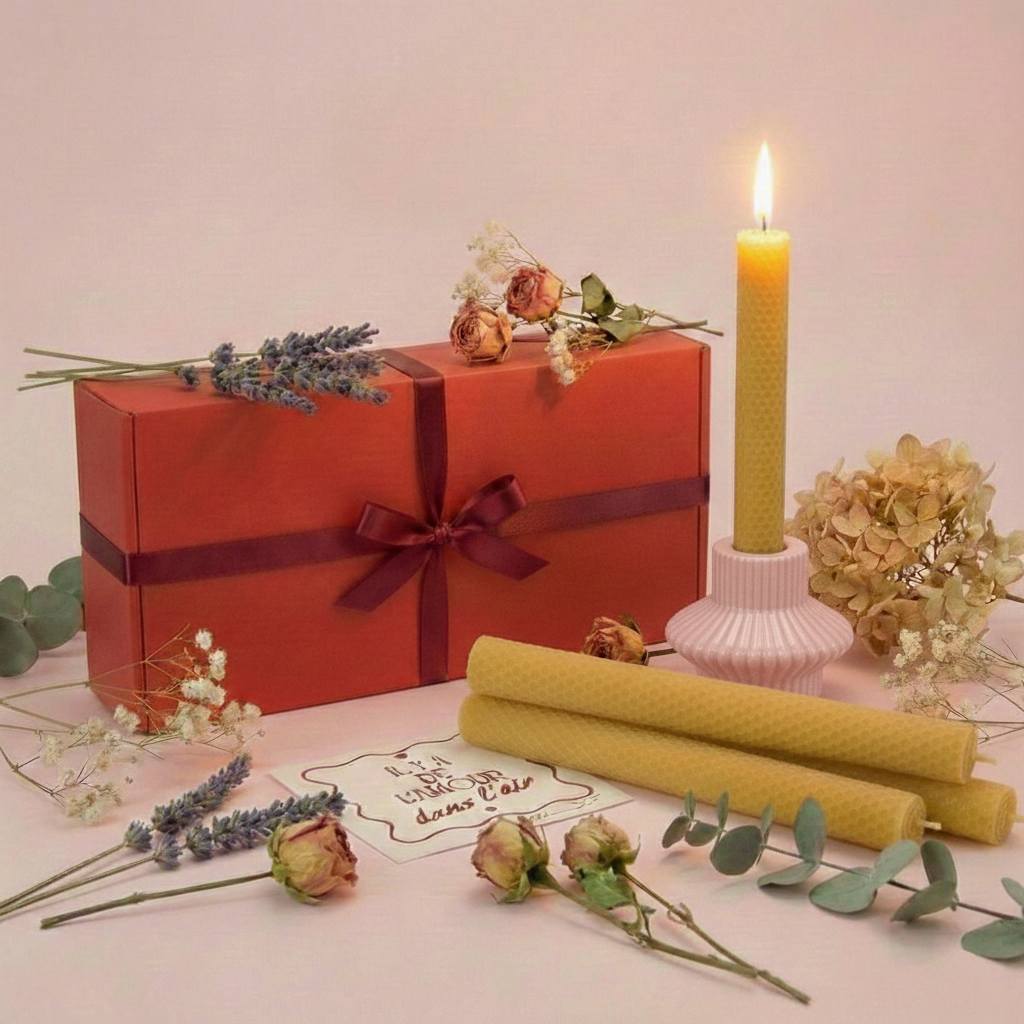 Coffret bougie saint valentin jesmonite et chandelles en cire d'abeille - La Fabrique de l'Abeille