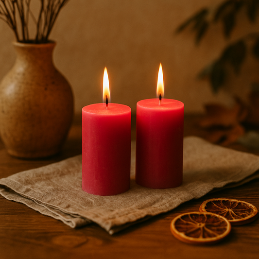 Deux bougies chauffe-plat roses allumées, placées côte à côte, avec une flamme douce et chaleureuse. Modèle : "Chauffe-Plat Rose - La Fabrique de L'Abeille".