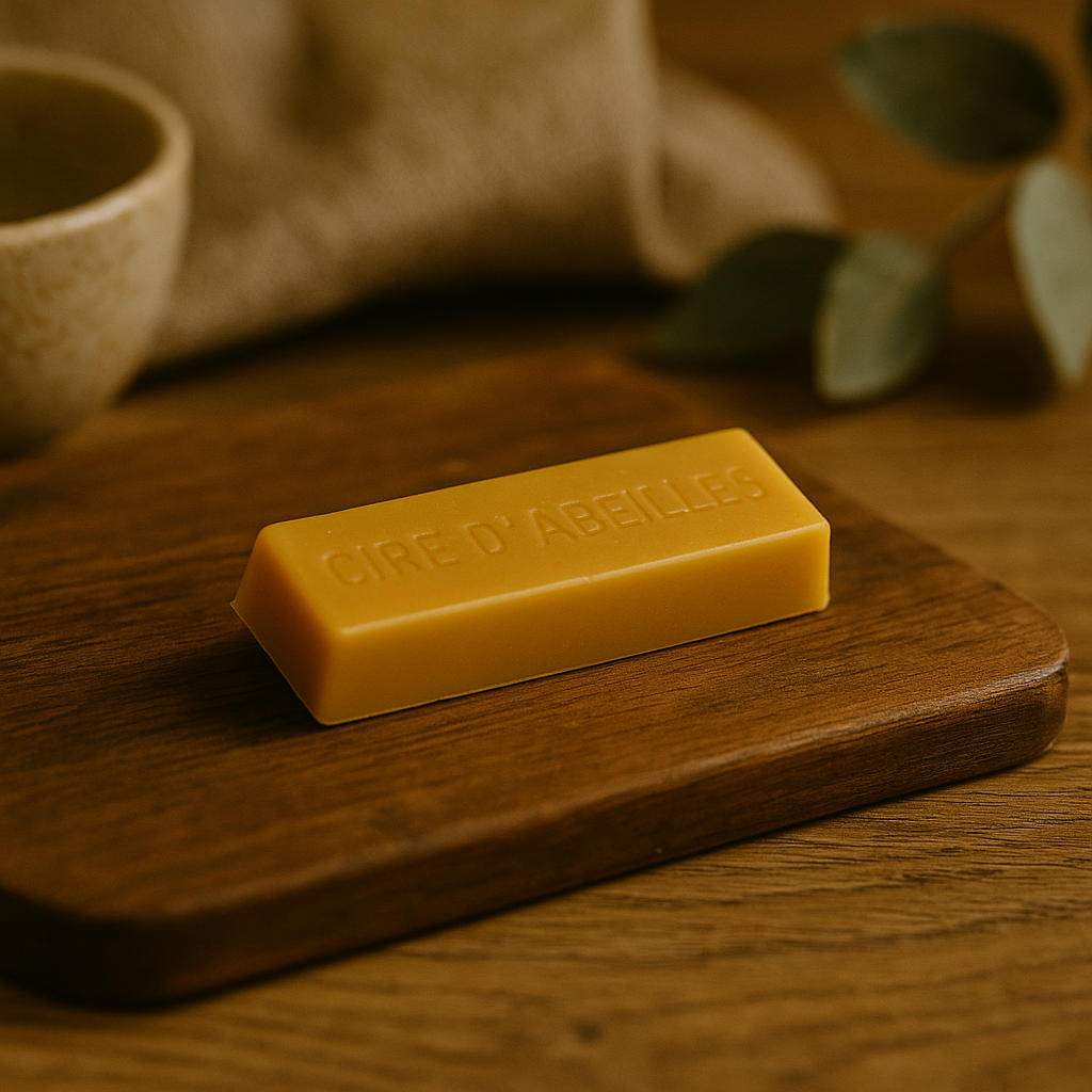 Un lingot rectangulaire en cire d’abeille naturelle jaune, gravé du texte « CIRE D’ABEILLES », présenté sur une surface claire et chaleureuse, dans un style simple et naturel.
