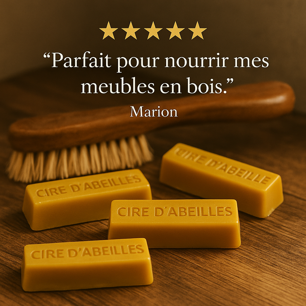 Lingots de cire d’abeille artisanale pour nourrir les meubles en bois, avis client 5 étoiles signé Marion

